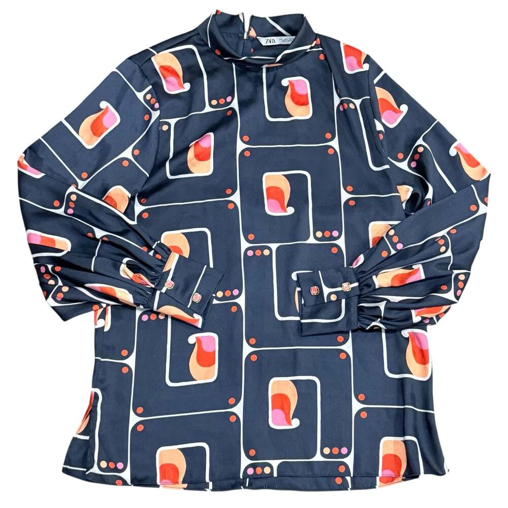 Womens ZARA High Neck Satin Effect Geometric Print Blouse